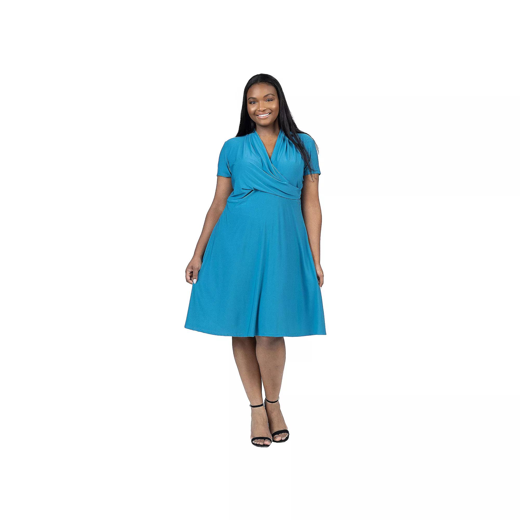 Plus Size 24Seven Comfort Apparel Print Short Sleeve Knee Length V Neck Rouched Wrap Dress, Women's, Size: 1XL, Blue Product Image