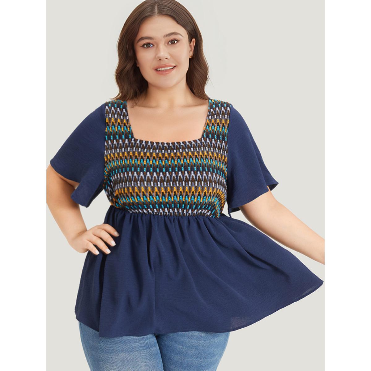 Plus Size Indigo Knit Patchwork Gathered Flutter Sleeve Blouse Women Elegant Short sleeve Square Neck Dailywear Blouses BloomChic 12/L Product Image