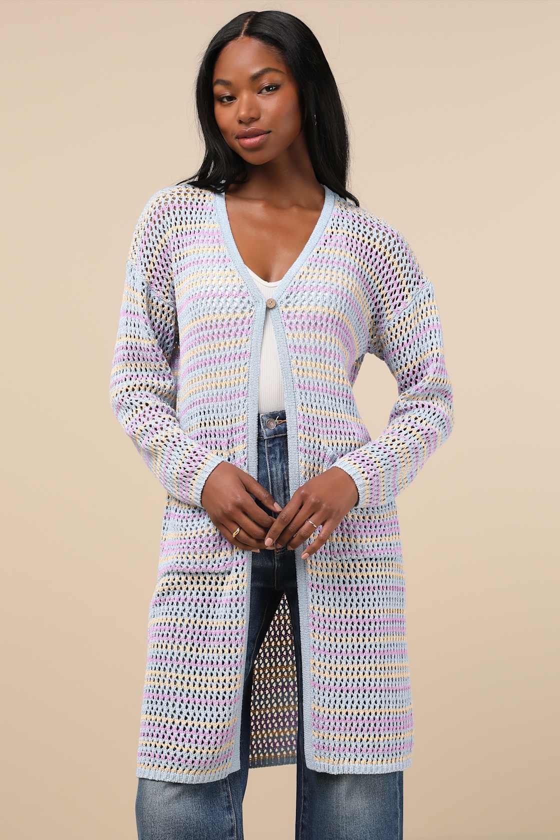 Breezy Strolls Light Blue Multi Striped Crochet Long Cardigan Product Image