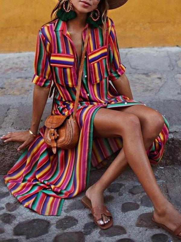 Long Sleeves Loose Split-Joint Striped Lapel Maxi Dresses Shirt Dress Product Image