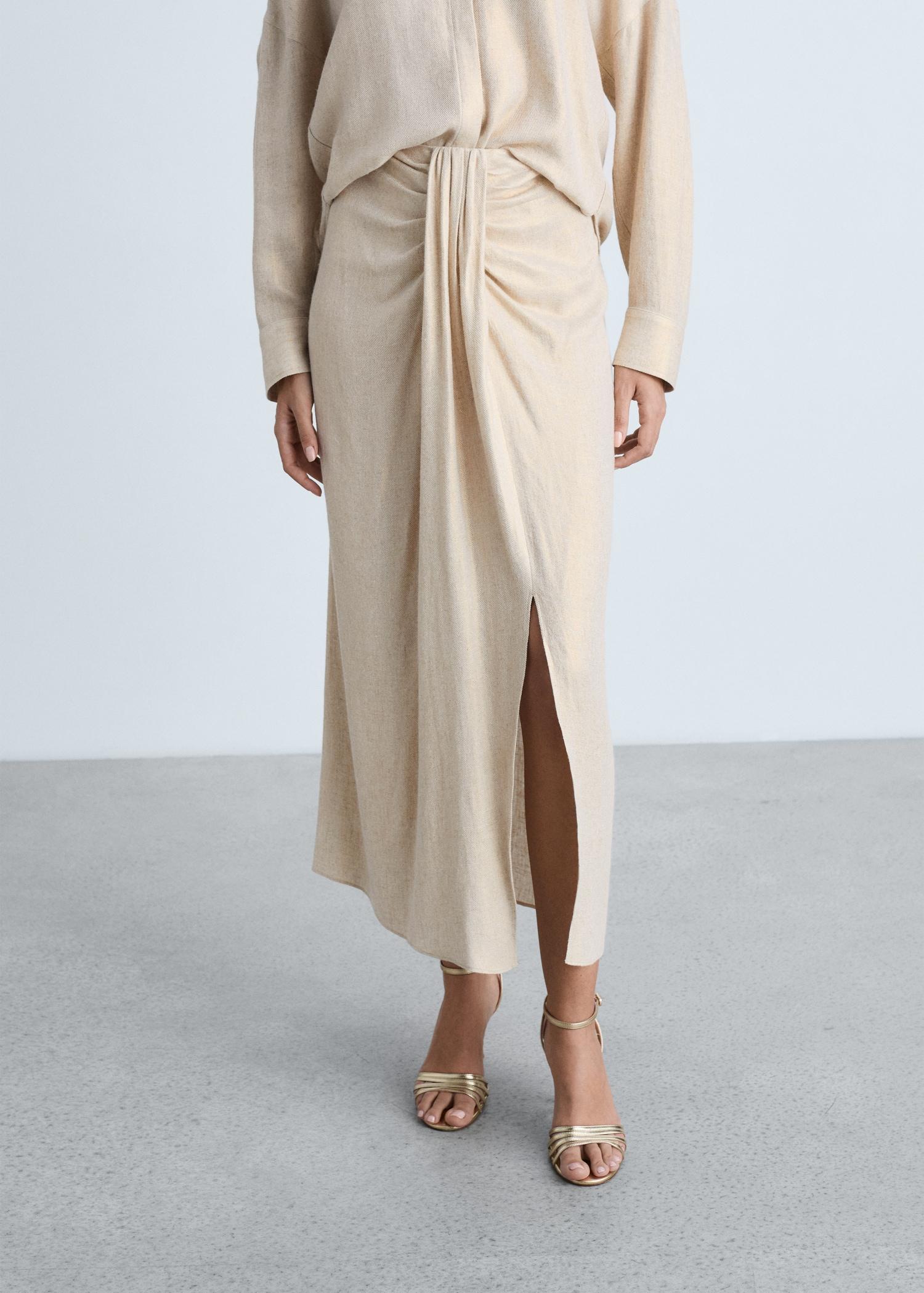 Linen-blend draped midi-skirt - Women | MANGO USA Product Image