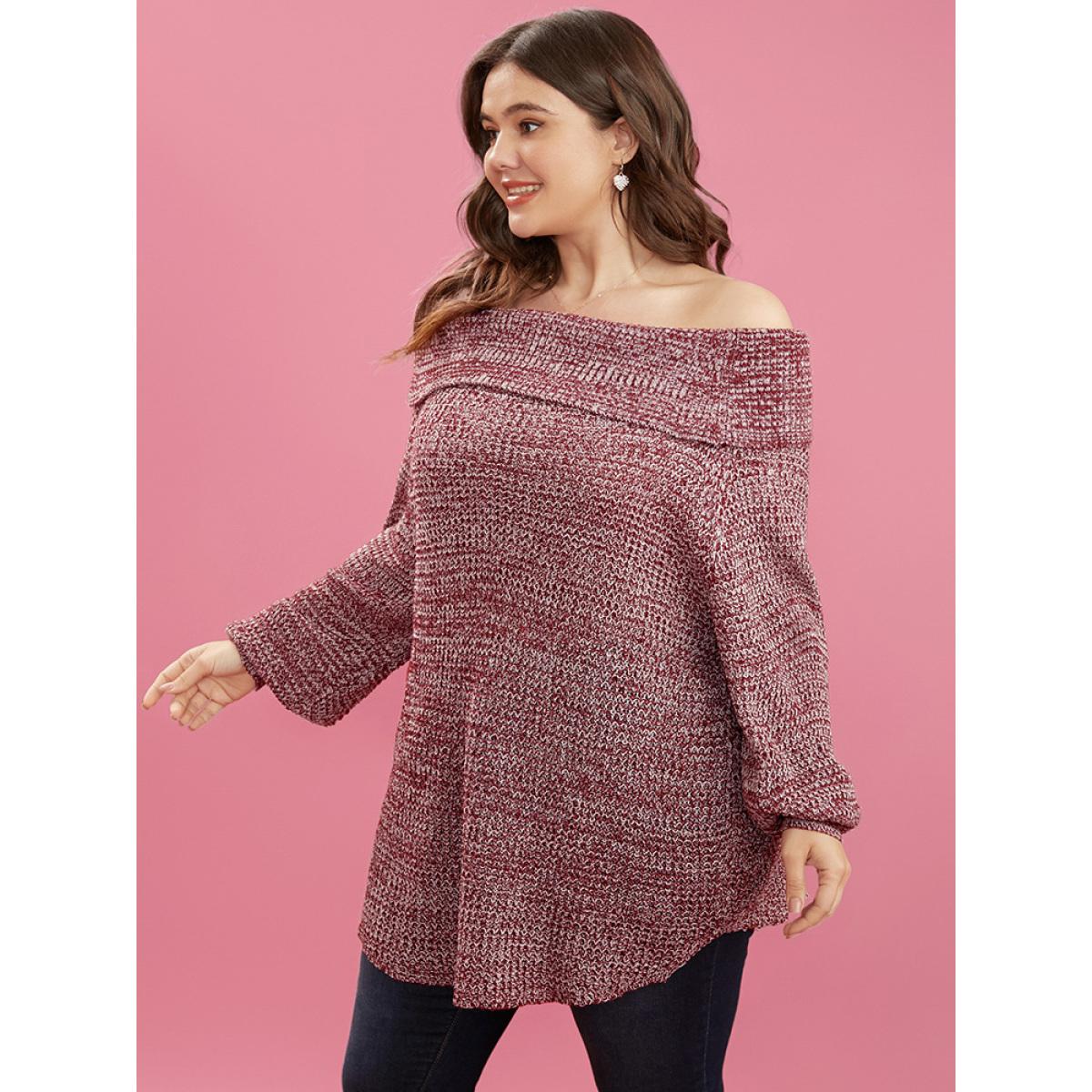 Plus Size Solid Pointelle Knit Off Shoulder Arc Hem Heather Knit Top Russet Women Elegant Loose Long Sleeve One-shoulder neck Dailywear Pullovers BloomChic 10/M Product Image