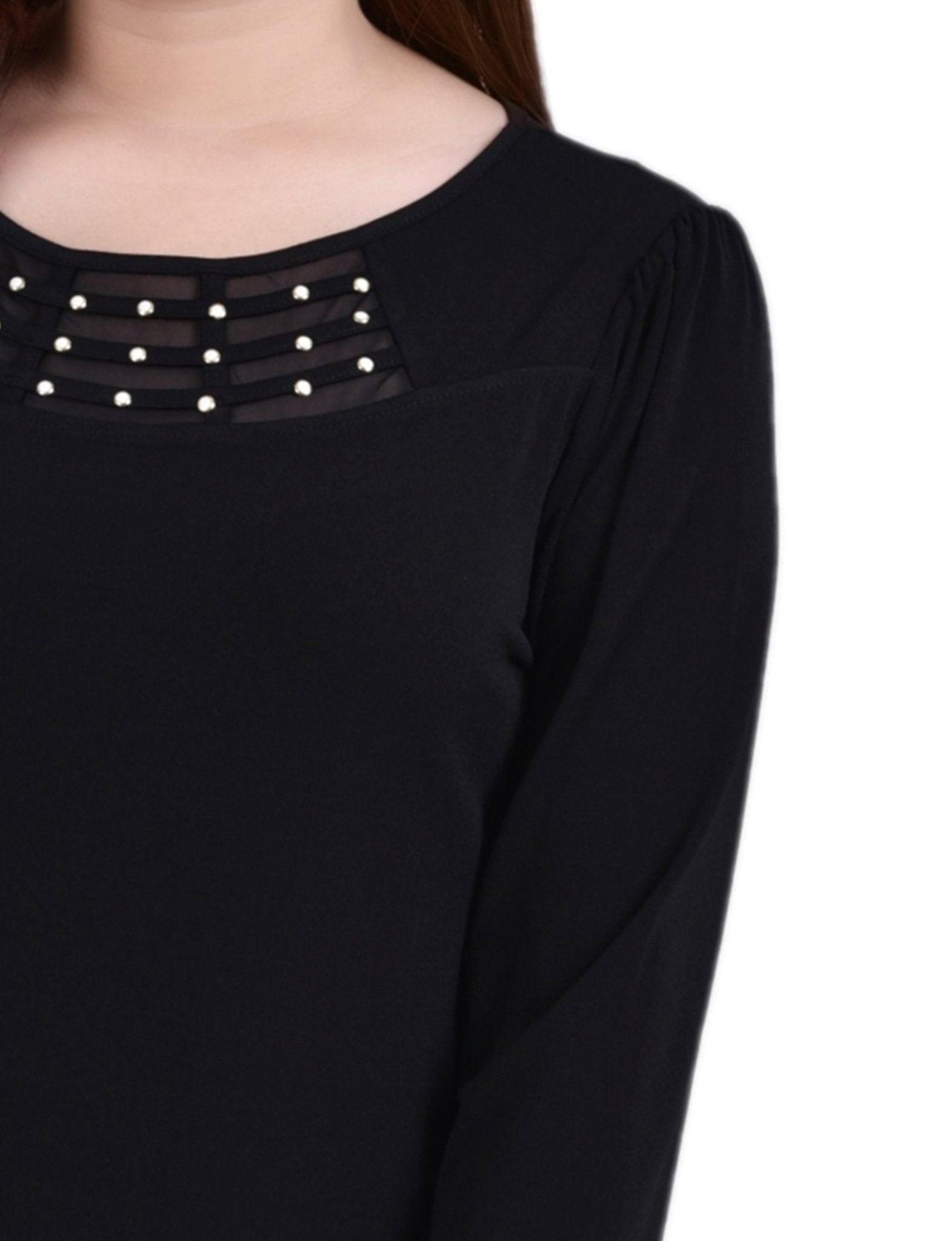 Black 3/4 Crepe Top With Mesh Inset and Studs - Petite Product Image