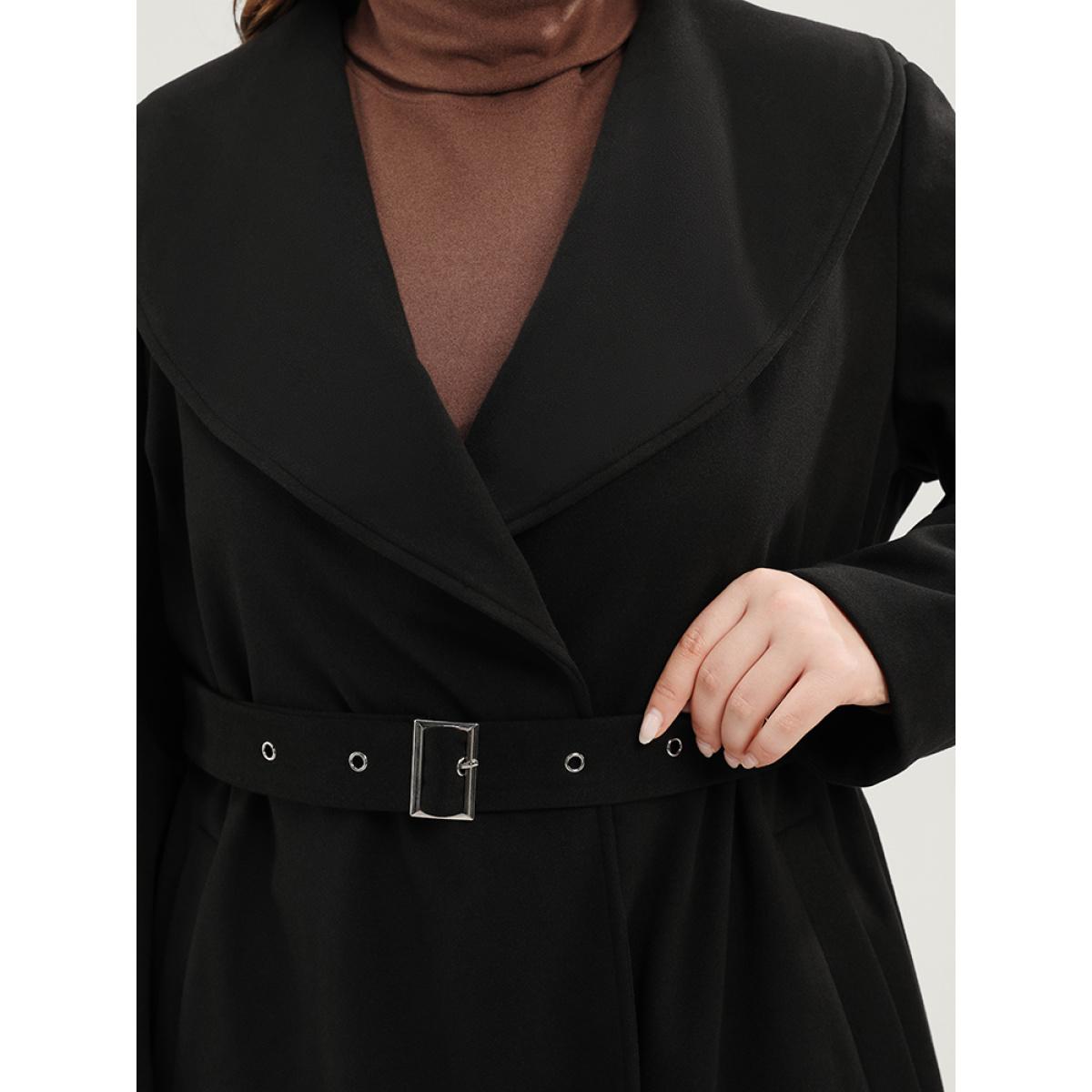 Plus Size Solid Lapel Collar Pocket Belted Open Front Coat Women Black Elegant Belted Ladies Dailywear Winter Coats BloomChic 18-20/2X Product Image
