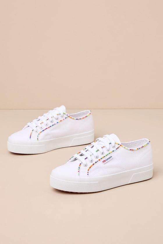 2740 White Multi Color Beaded Canvas Platform Sneakers Product Image