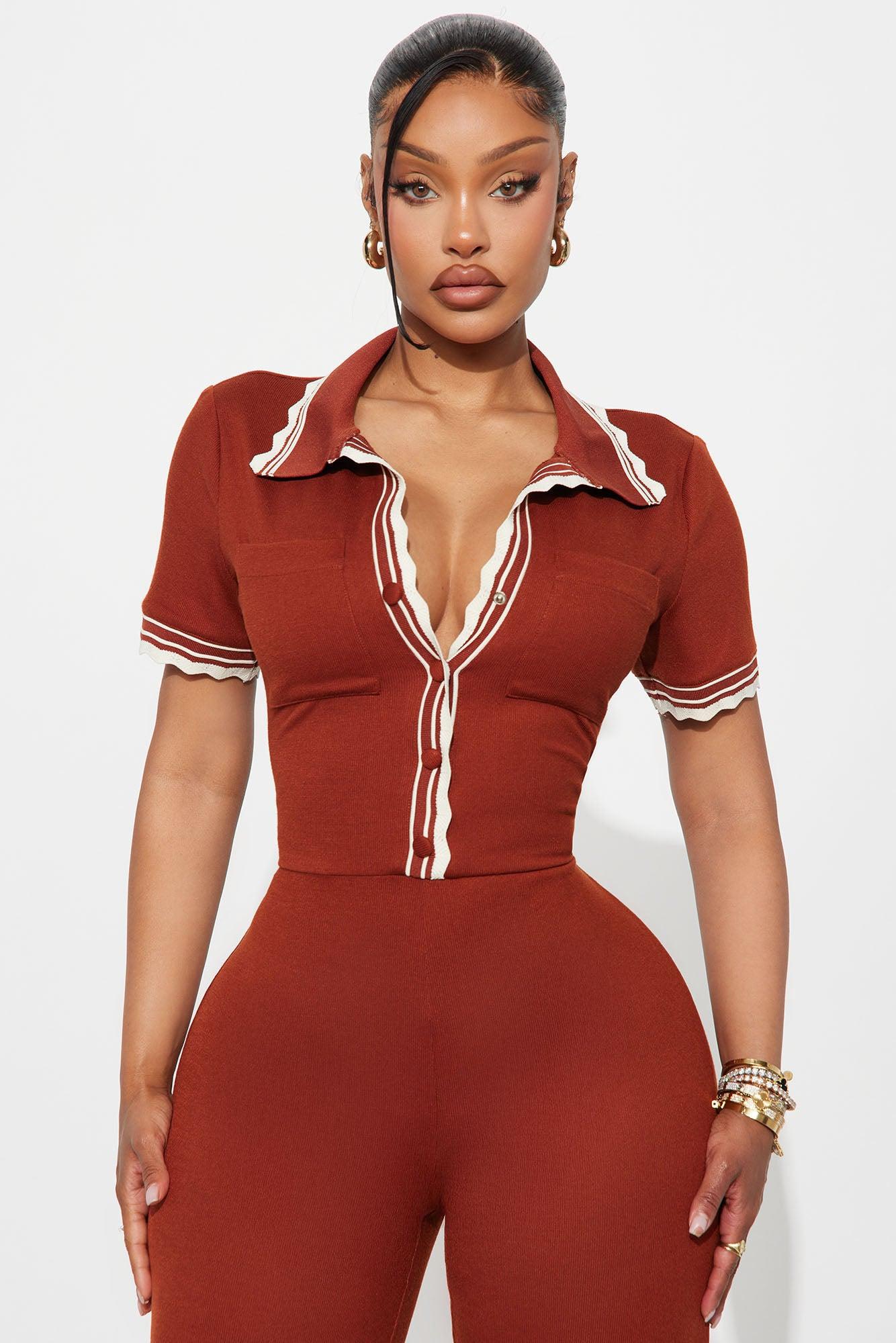 Juliette Ribbed Flare Leg Jumpsuit - Rust Female Product Image