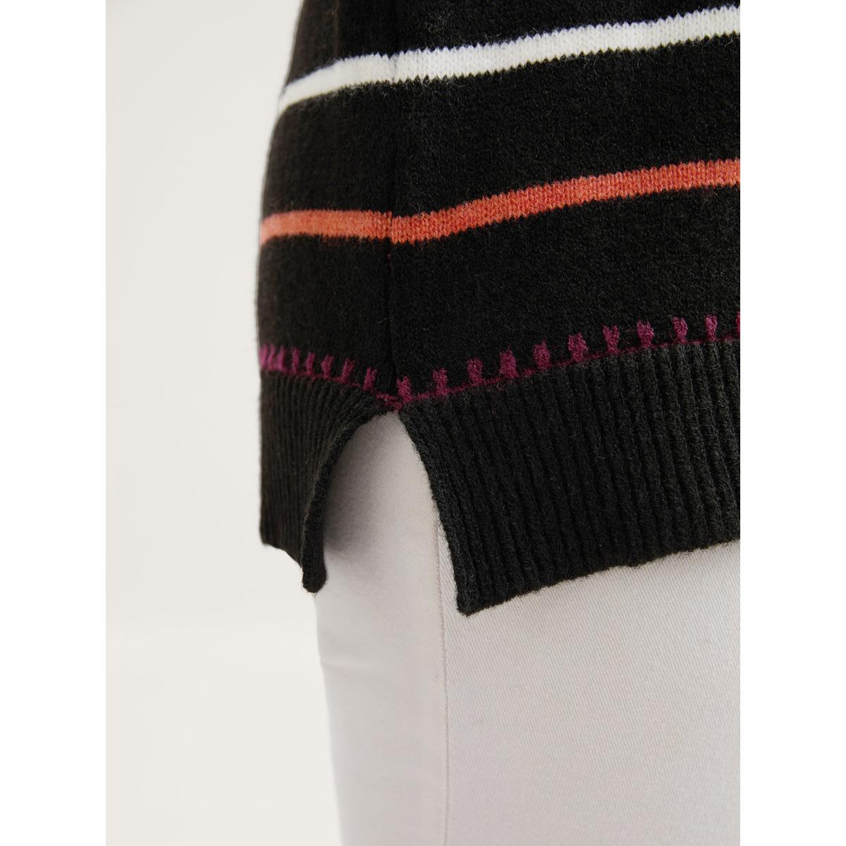 Plus Size Colorful Stripes Crewneck Fitted Pullover Black Women Playful Loose Long Sleeve Round Neck Casual Pullovers BloomChic 10/M Product Image