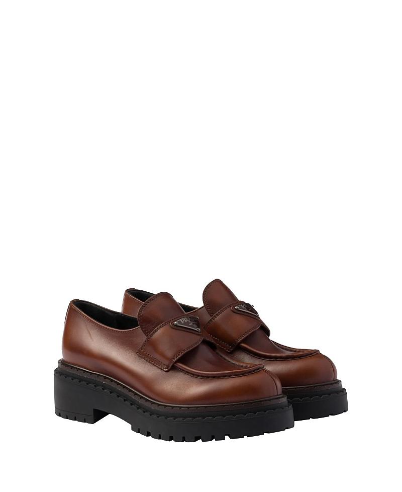 Prada Womens Double Chocolate Leather Loafers Product Image
