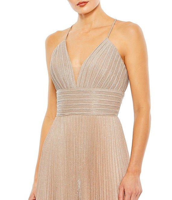 Mac Duggal Metallic Pleated Deep V-Neck Crisscross Back Detail Sleeveless Gown Product Image