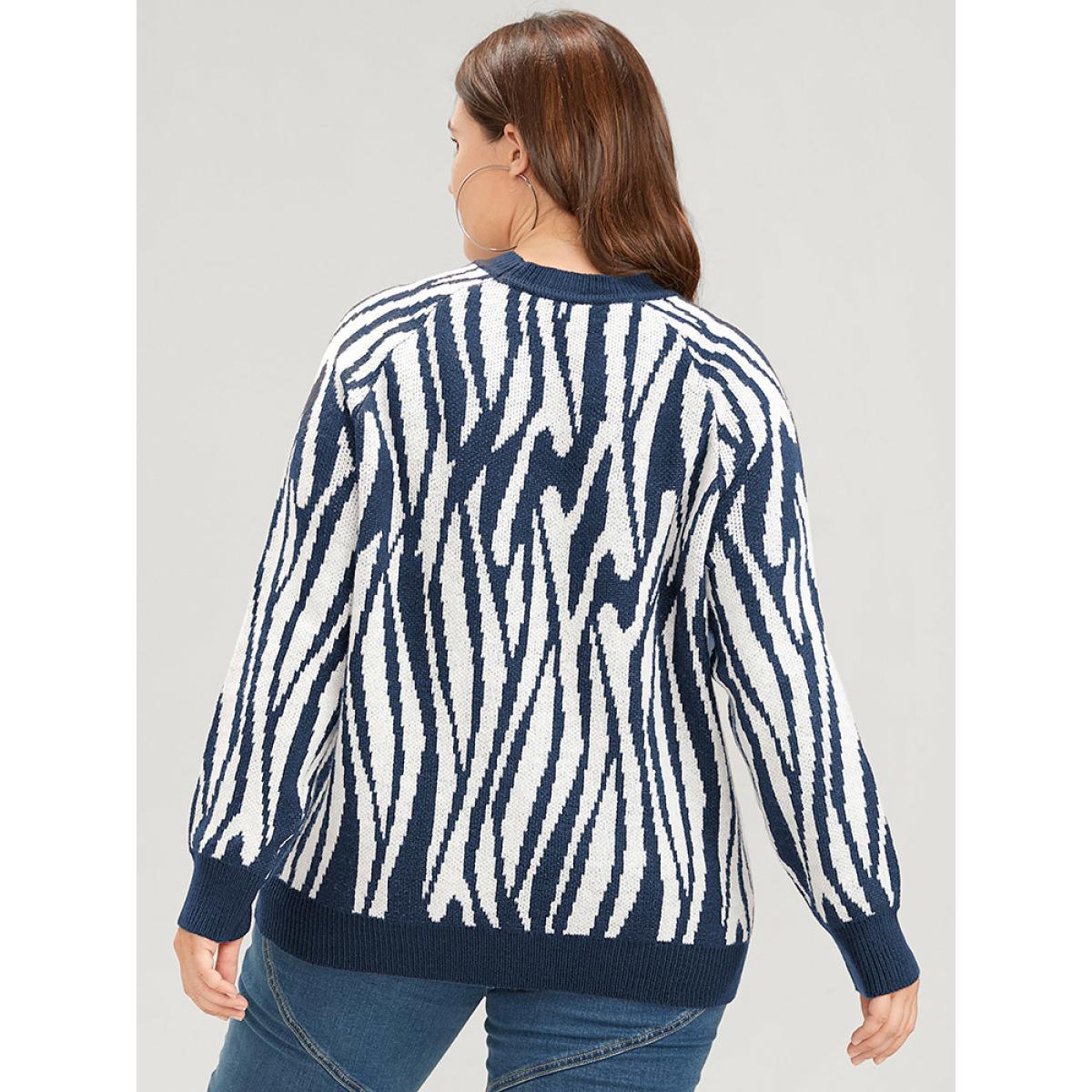 Plus Size Zebra Print Pointelle Knit Raglan Sleeve Jacquard Knit Top Midnight Women Casual Long Sleeve Round Neck Everyday Pullovers BloomChic 12/L Product Image