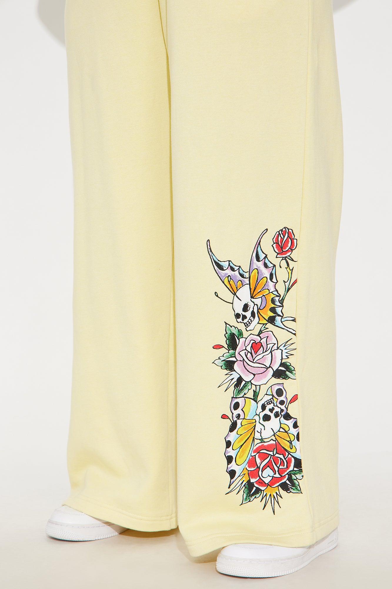 Ed Hardy Enchanted Butterfly Wide Leg Pant - Butter Yellow Female Product Image