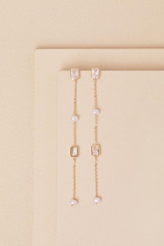 Astrielle Gold Rhinestone and Pearl Drop Earrings Product Image