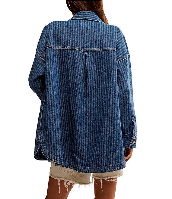 Free People Dunes Stripe Collared Oversize Fit Button Front Denim Shirt Jacket Product Image