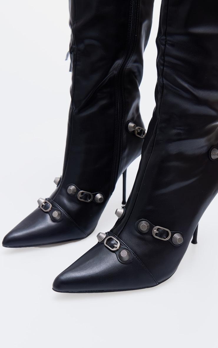 Black PU Zip Detail Point Toe High Heeled Knee Boots Product Image