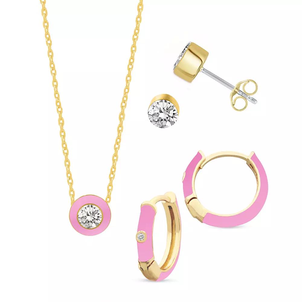 Royal Aura Heart Gold Tone Crystal & Black Enamel Heart Necklace, Huggie Earrings, & Stud Earrings Set, Women's, Size: 17", Gold Tone Black Product Image