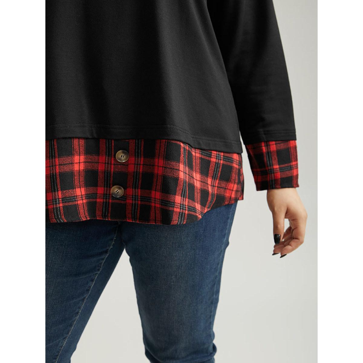 Plus Size PU Leather Patchwork Crew Neck Sweatshirt Women Scarlet Elegant Plain Round Neck Dailywear Sweatshirts BloomChic 30/6X Product Image