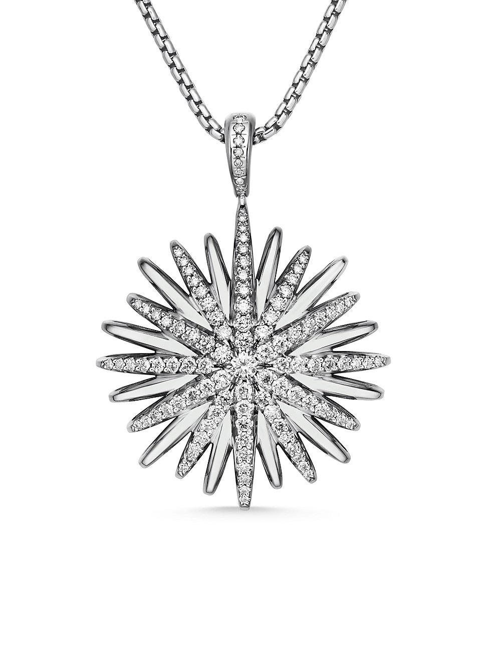 Womens Starburst Pendant Necklace in Sterling Silver with Diamonds, 32mm Product Image