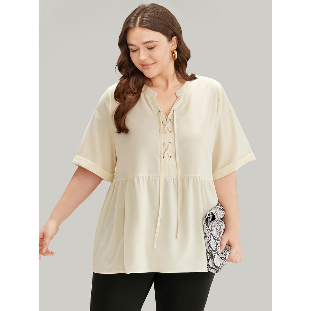 Plus Size Ivory Anti-Wrinkle Lace Up Notched Gathered Blouse Women Office Half Sleeve Tie Neck Work Blouses BloomChic 30/6X Product Image