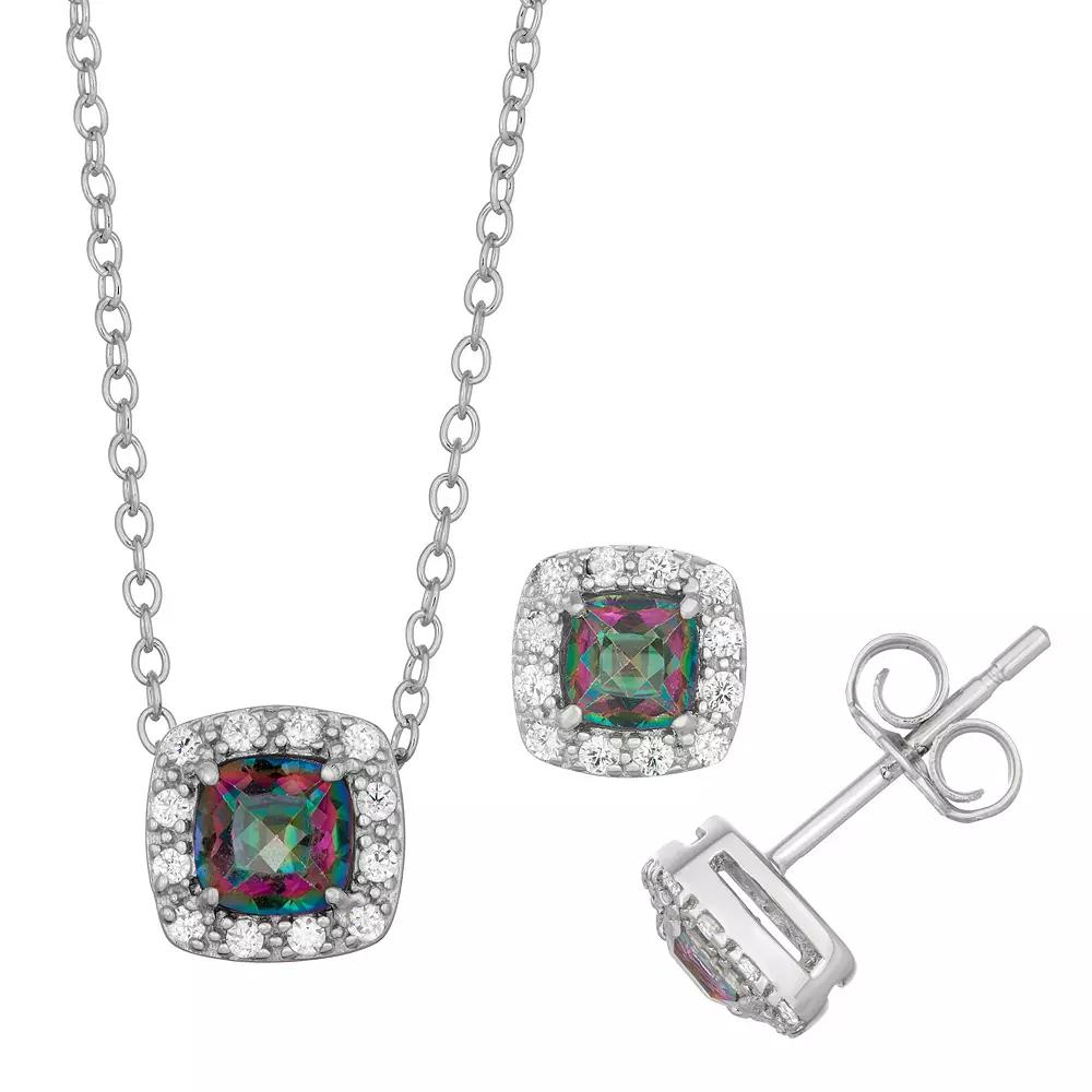Sterling Silver Mystic Topaz & Cubic Zirconia Cushion Halo Pendant Necklace & Stud Earrings Set, Womens Product Image