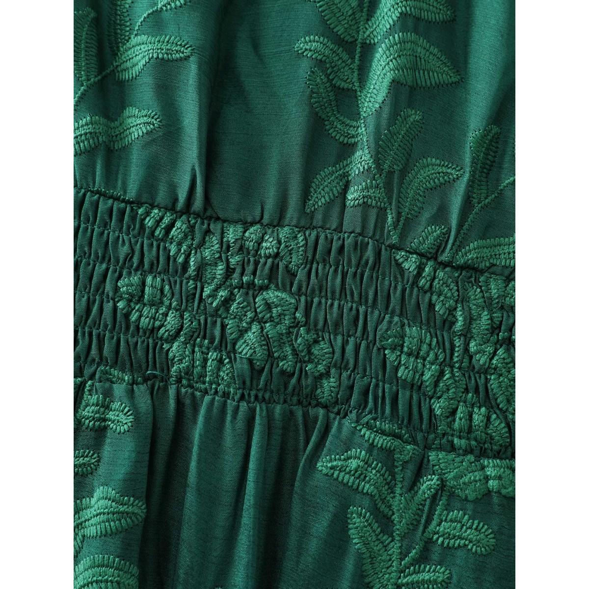 Plus Size Floral Embroidered Layered Hem Midi Dress DarkGreen Women Timeless Overlapping Overlap Collar Extra Long Sleeve Curvy BloomChic 12/L Product Image