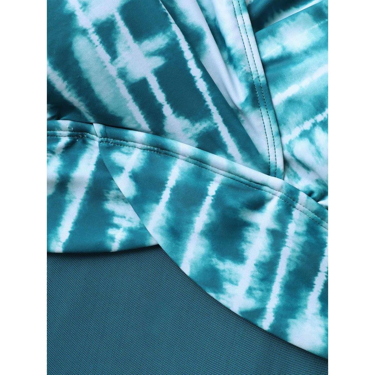 Plus Size Tie-Dye Mesh Overlap Swim Dress Women's Swimwear Teal Resort Bodycon Overlap Collar High stretch Curve Swim Dresses BloomChic 10/M Product Image