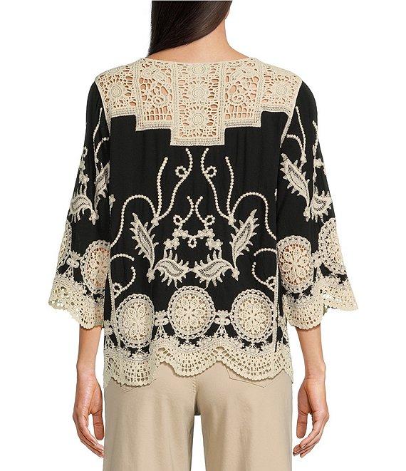 Leo & Nicole Woven Allover Embroidered Scoop Neck 3/4 Sleeve Lace Yoke Top Product Image