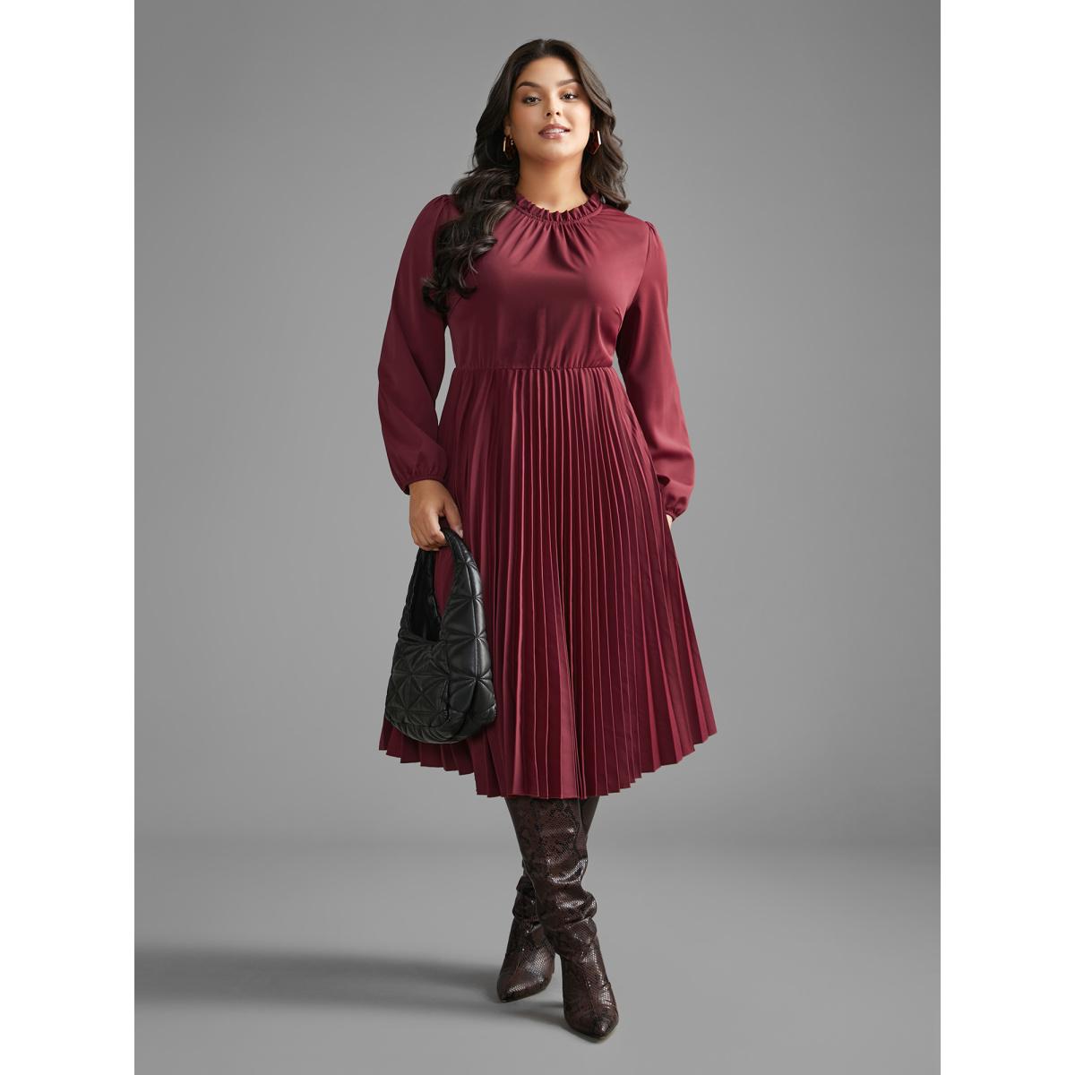 Plus Size Mock Neck Frill Trim Pleated Dress Burgundy Women At the Office Gathered Mock Neck Long Sleeve Curvy BloomChic 26/4X Product Image