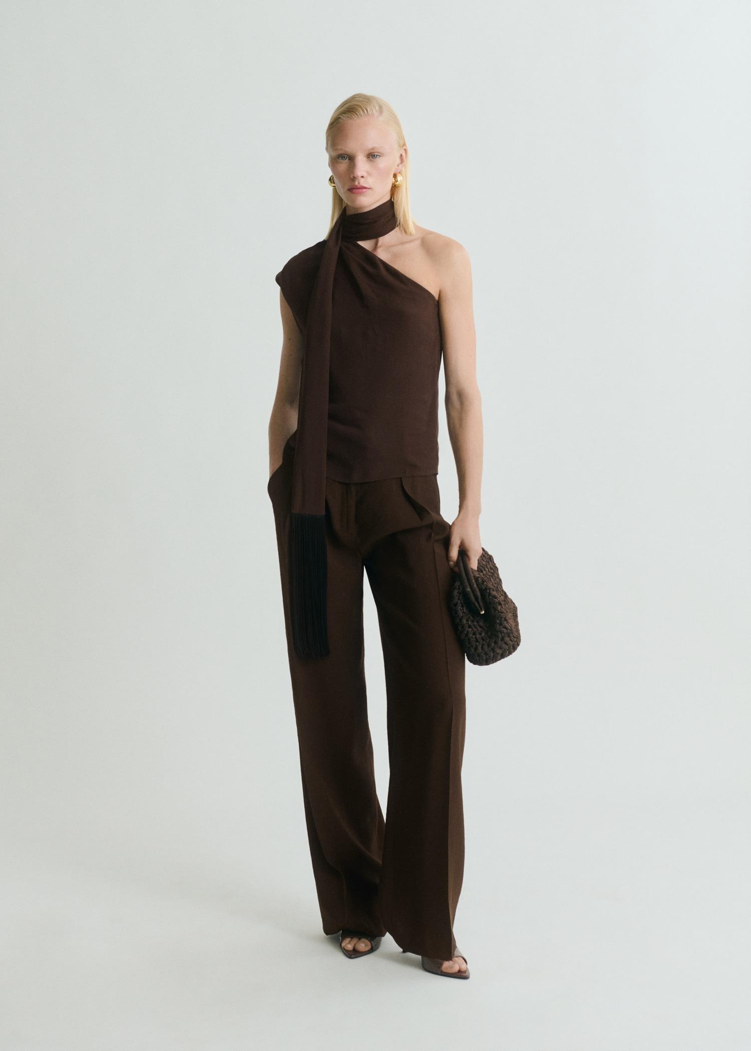 Asymmetrical scarf blouse with fringe detail - Women | MANGO USA Product Image