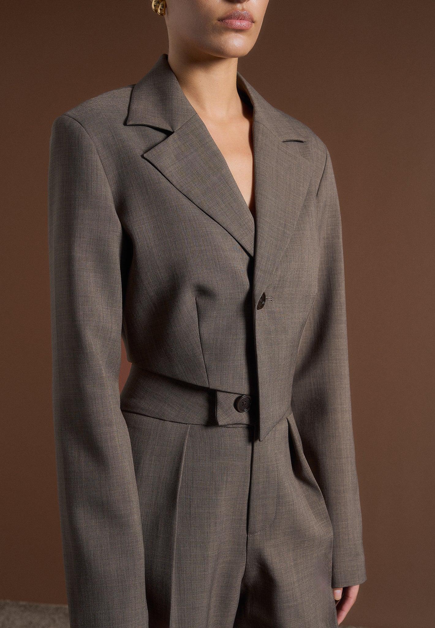 Dina - Asymmetric Tailored Cropped Blazer - Dark Taupe Female Product Image