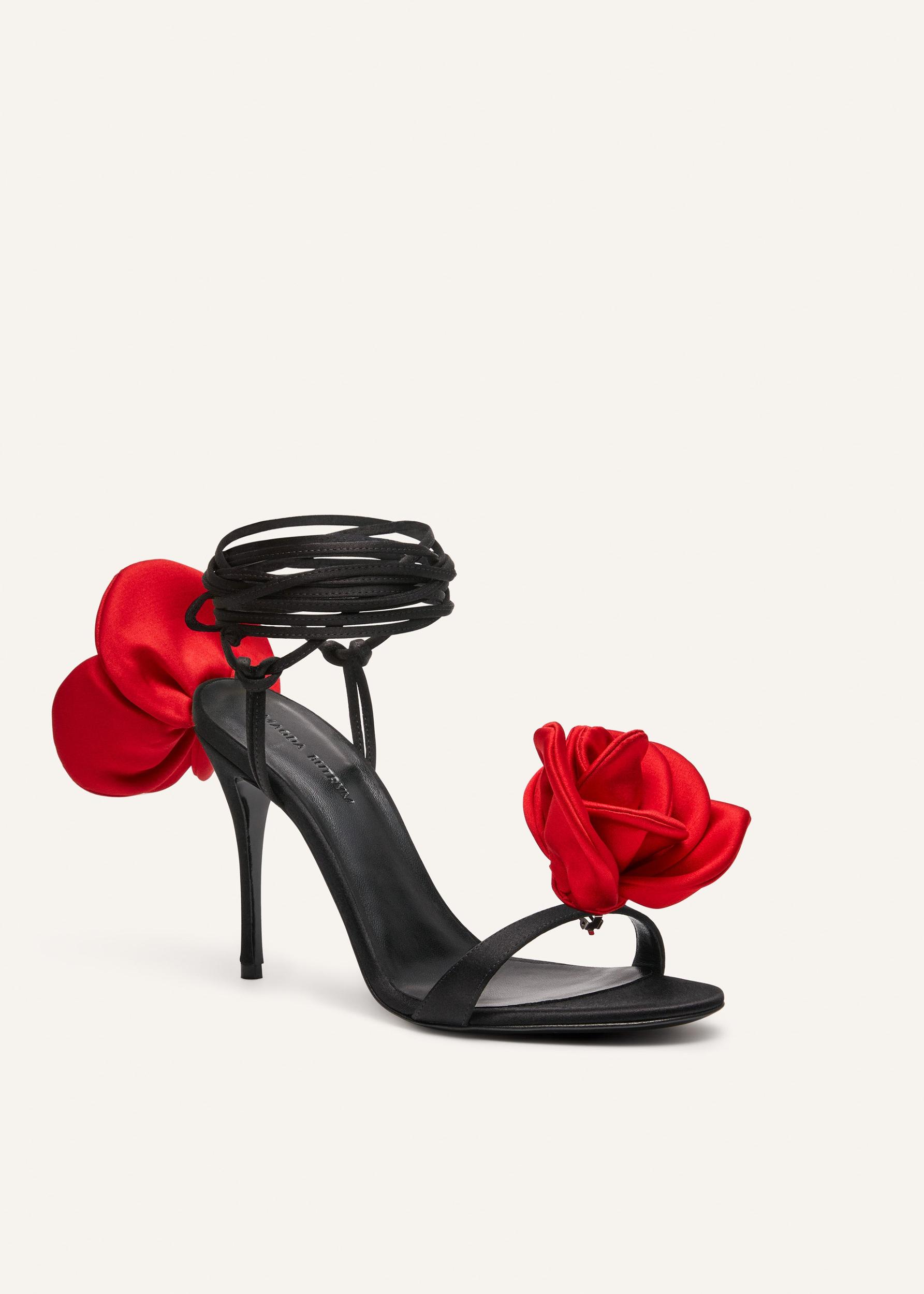 Double red flower heel sandals in black satin Product Image