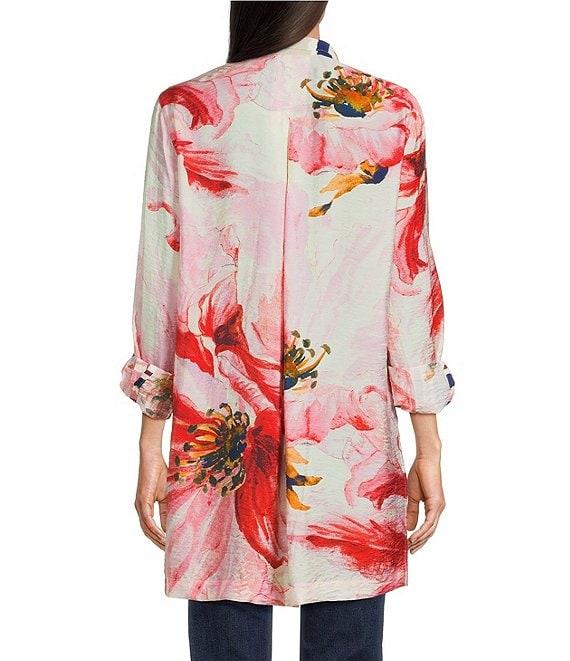 John Mark Floral Wire Collar Long Roll-Tab Sleeve Hi-Low Hem Button-Front Tunic Product Image