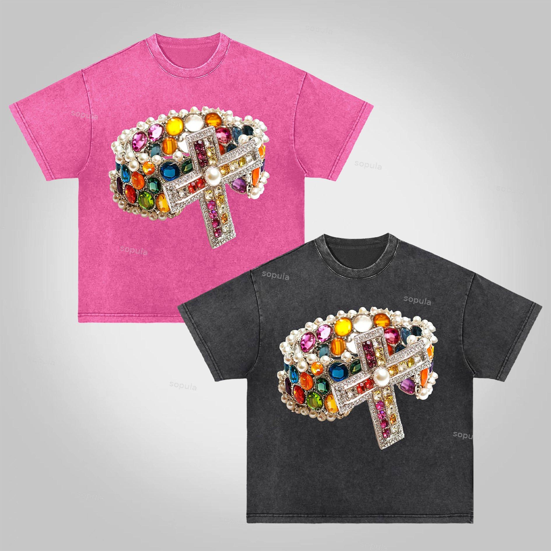 Sopula Vintage Diamond Cross Graphic Print Acid Washed T-Shirt Product Image