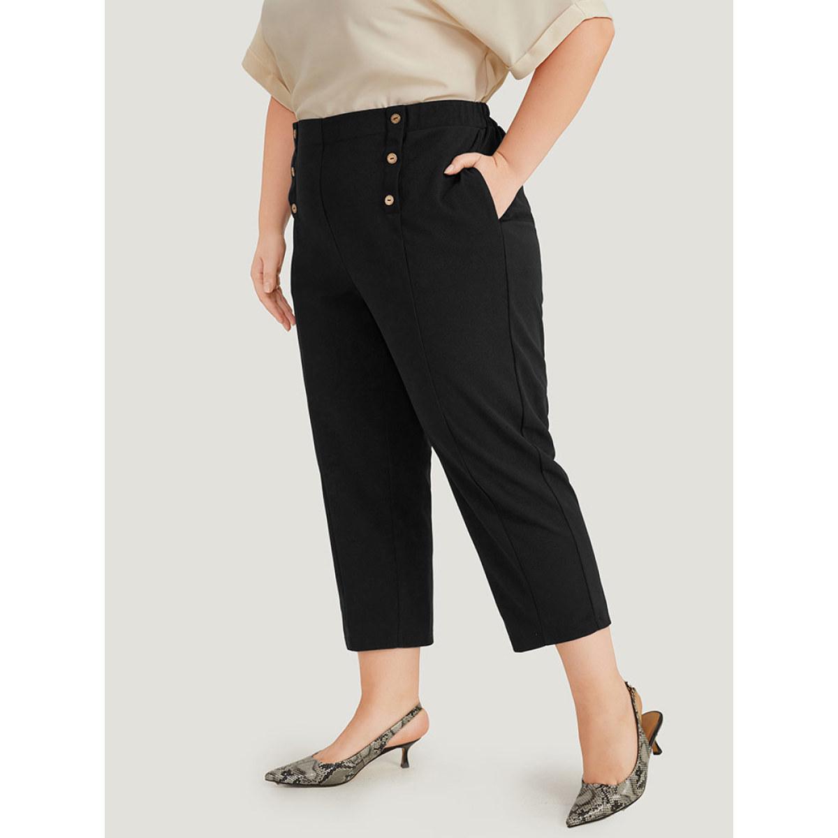 Plus Size Solid Elastic Waist Pocket Button Detail Pants Women Black Office High Rise Office Pants BloomChic 28/5X Product Image