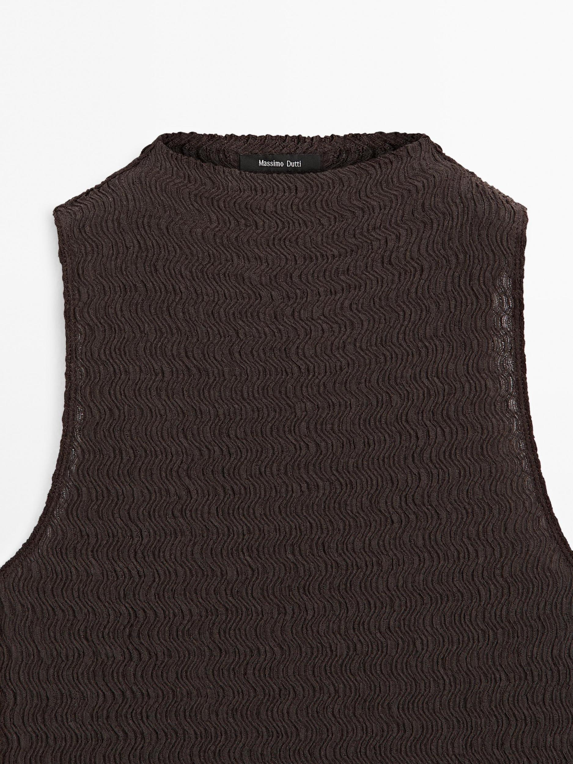 Chocolate linear waffle-knit funnel neck top Product Image