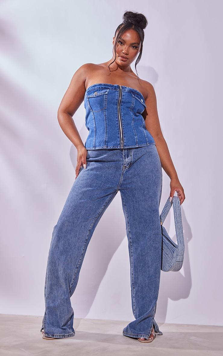 Plus Mid Blue Wash Bandeau Zip Up Denim Corset Product Image