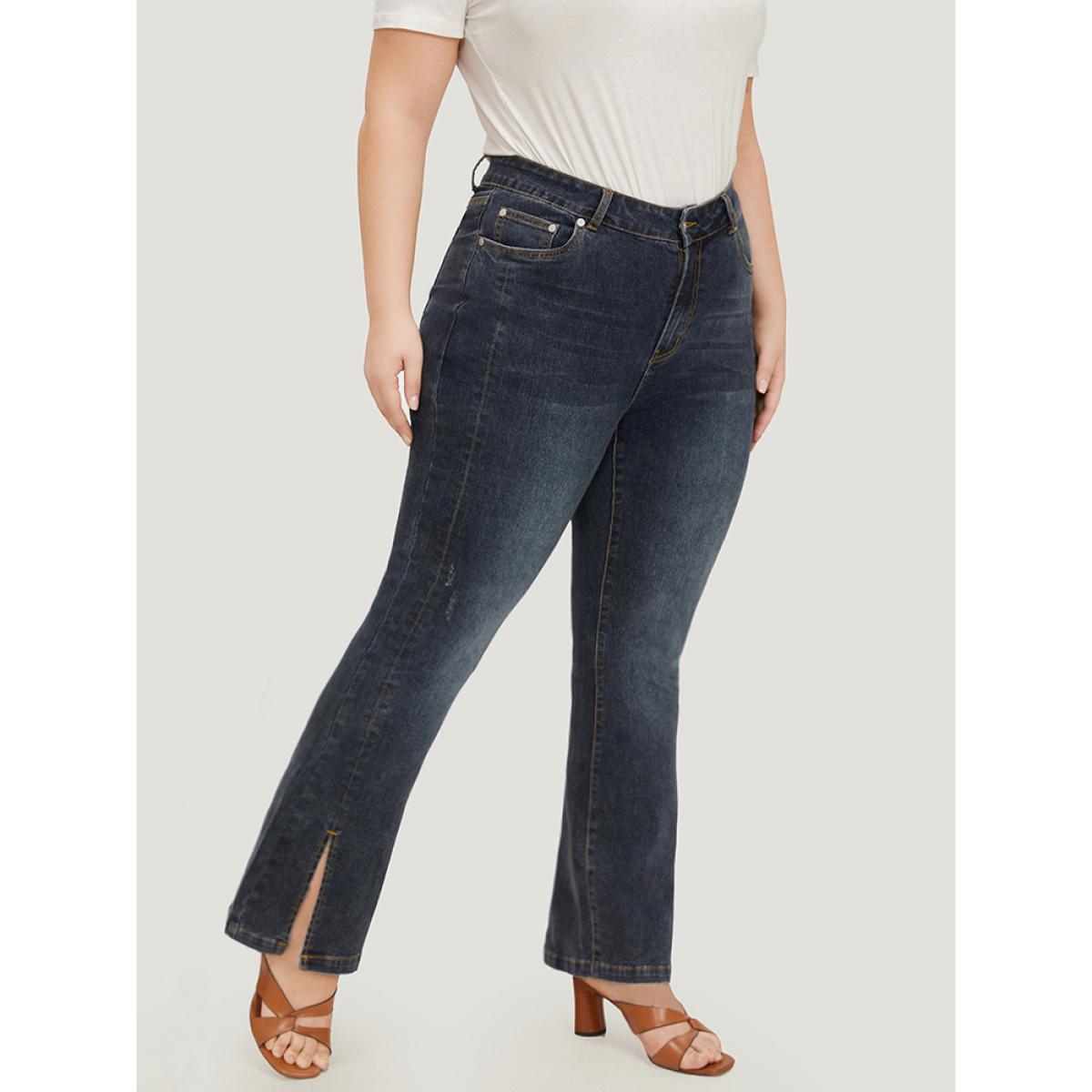 Plus Size Very Stretchy Split Hem Medium Wash Jeans Women Indigo Casual Plain Slit High stretch Pocket Jeans BloomChic 12/L Product Image