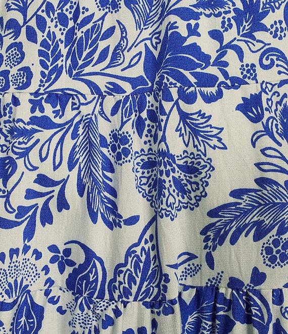 Calessa Antique Floral Print Embroidered Eyelet Hem Tiered Pull-On Skirt Product Image