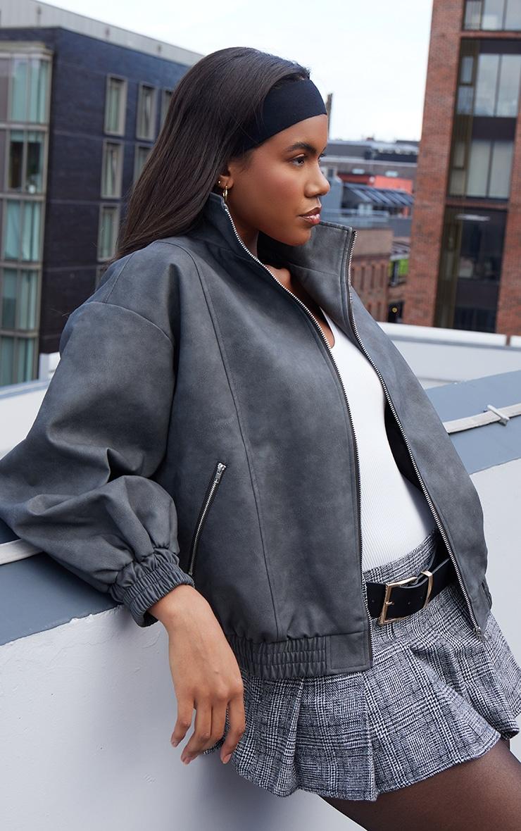 Charcoal Textured Faux Leather High Neck Bomer Jacket Product Image
