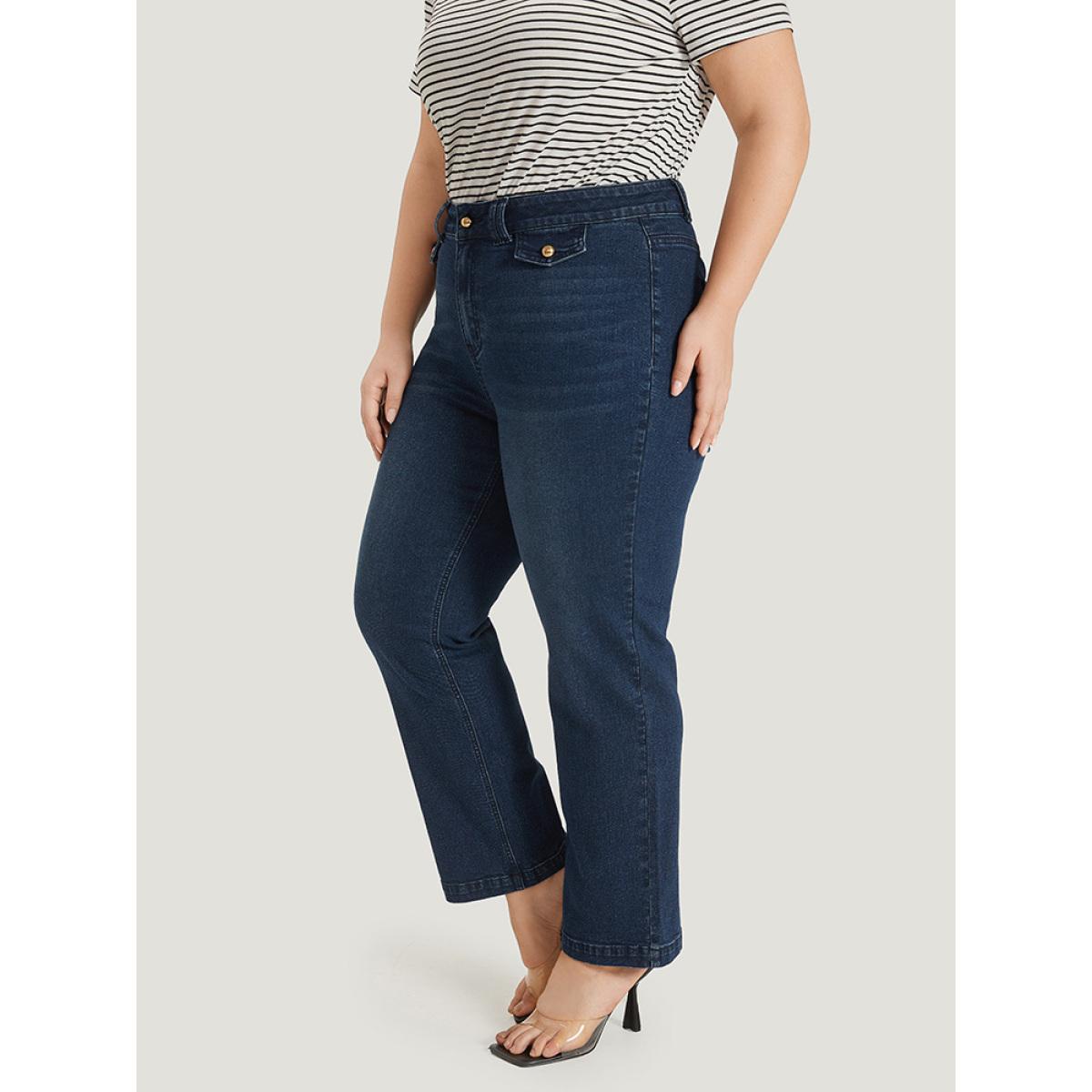 Plus Size Plain Button Detail High Rise Dark Wash Jeans Women DarkBlue Casual Plain Plain Medium stretch Pocket Jeans BloomChic 24/3X Product Image