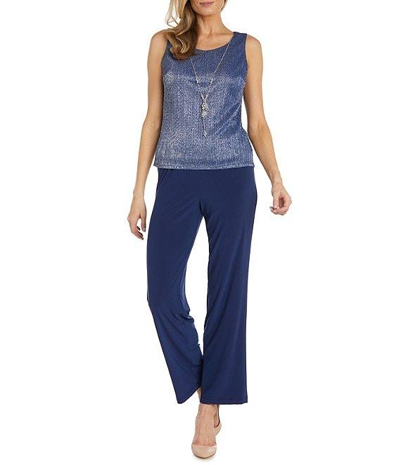 R & M Richards Pleated Crinkle Metallic Scoop Neck 3/4 Sleeve 3-Piece Pant Set Product Image
