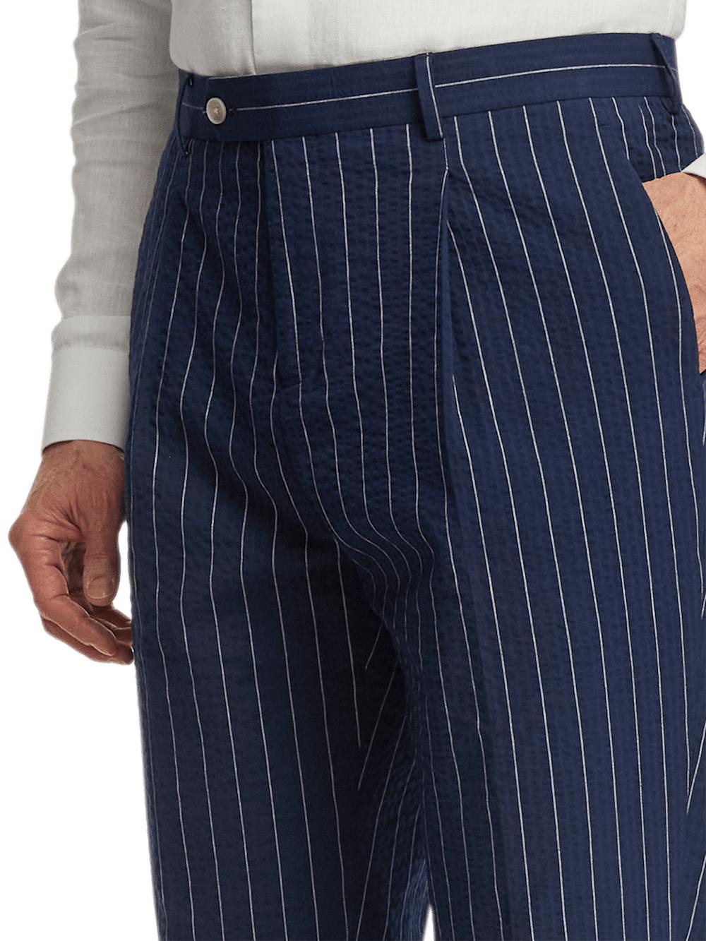 Cotton Stretch Pinstripe Seersucker Single Pleat Suit Pants - Navy Product Image