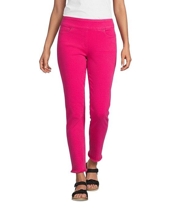 Multiples Solid Garment Dyed Straight Leg Fringe Hem Pull-On Ankle Pants Product Image