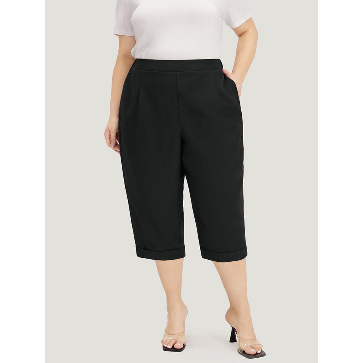Plus Size Plain Pocket Elastic Waist Pleated Cropped Pants Women Black Office Straight Leg High Rise Office Pants BloomChic 26/4X Product Image