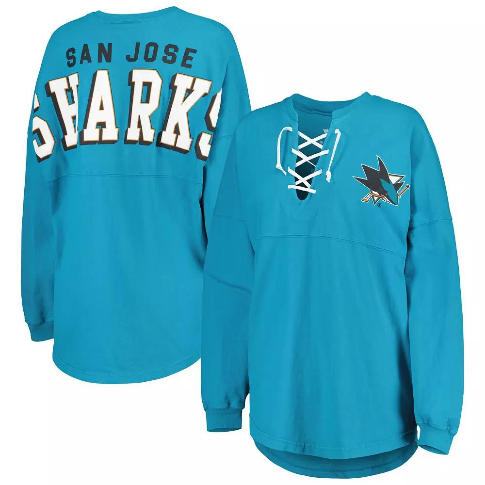 Women's Fanatics Branded Teal San Jose Sharks Spirit Lace-Up V-Neck Long Sleeve Jersey T-Shirt,  Product Image