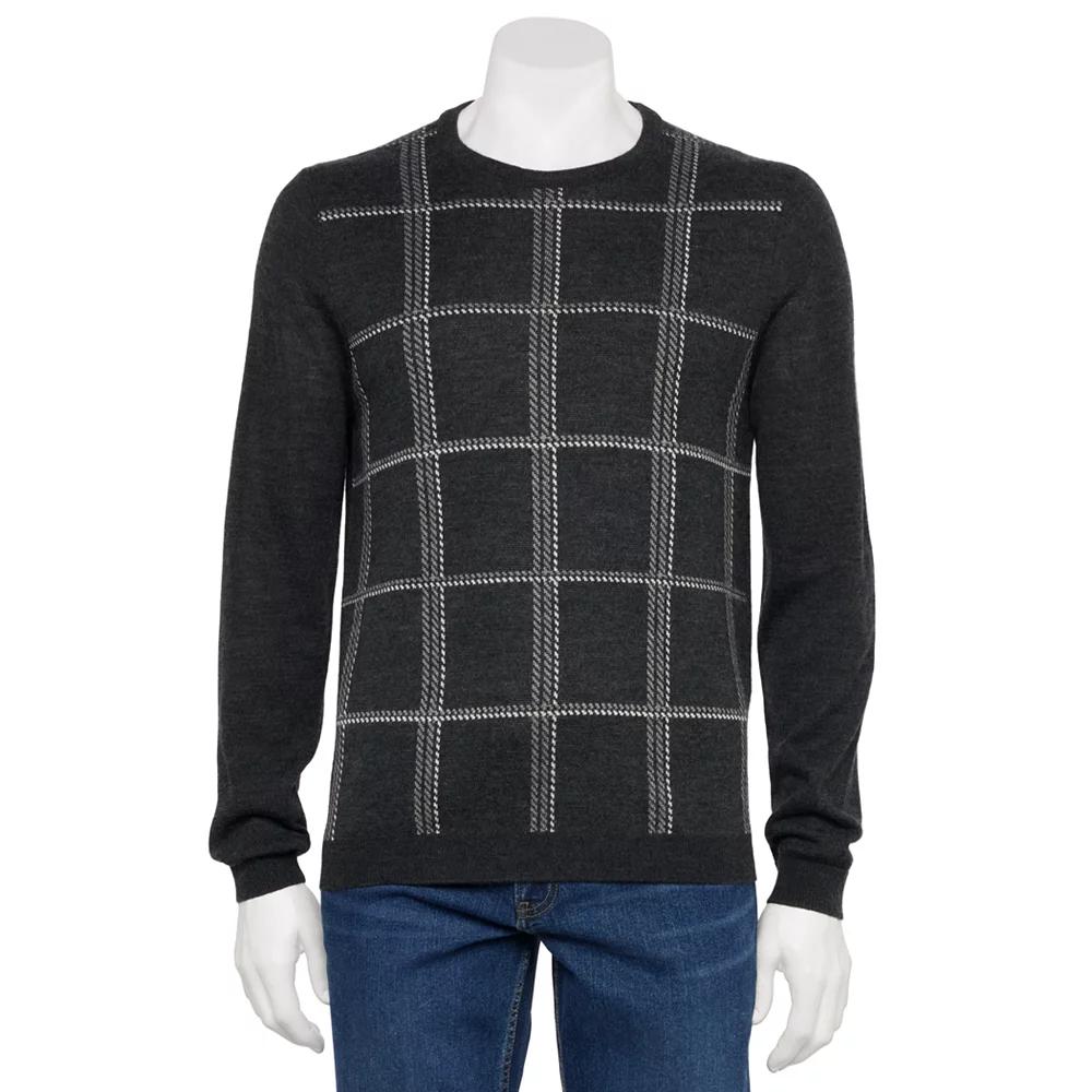 Men's Apt. 9® Merino Wool Plaid Crewneck Sweater, Size: Small, Grey Plaid Product Image