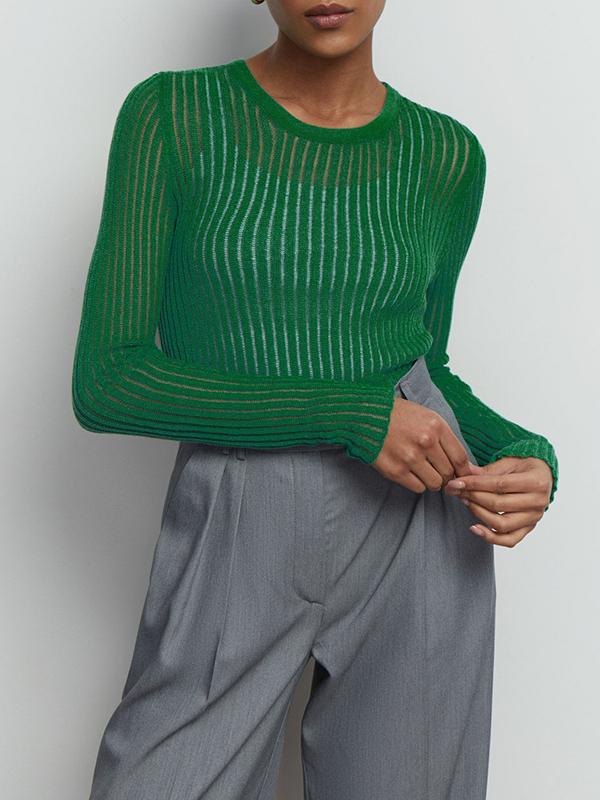 Long Sleeves Skinny See-Through Split-Joint Round-Neck T-Shirts Product Image