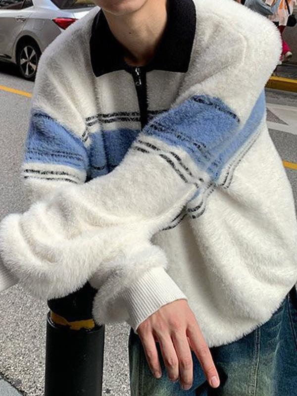 Men's Contrast Striped Lapel Neck Half Zip Sweater Product Image