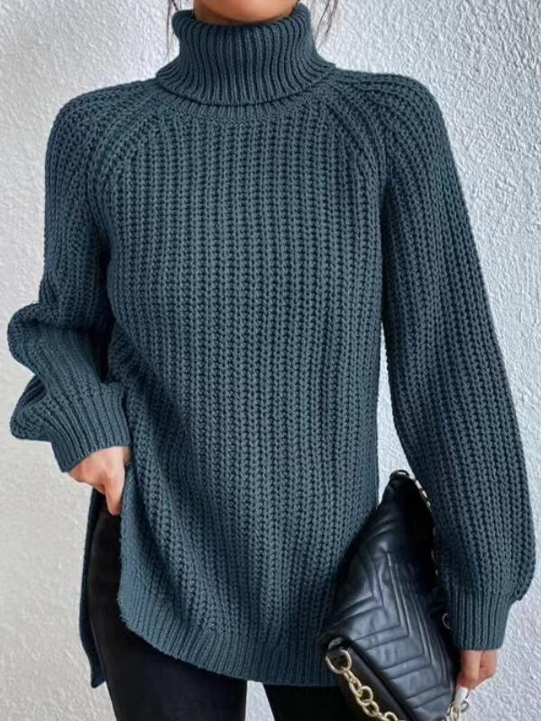 Long Sleeves Loose Solid Color Split-Side High Neck Pullovers Sweater Tops Product Image
