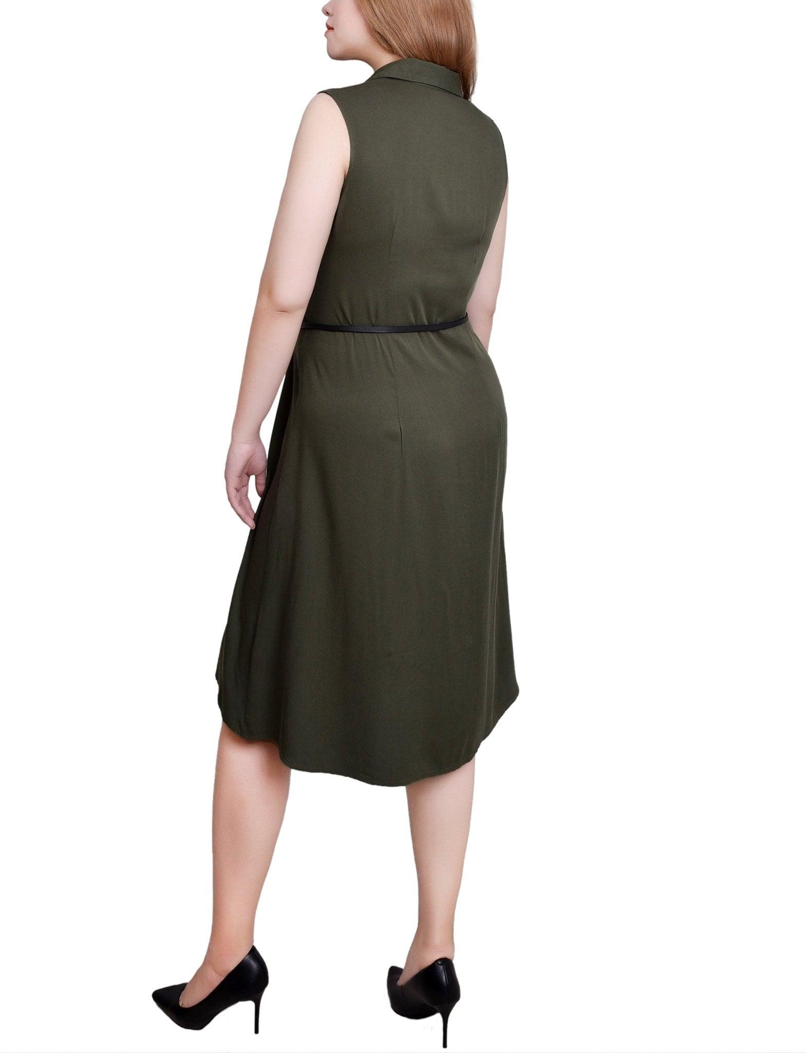 Oil Green Sleeveless Button Front Dress - Petite Product Image