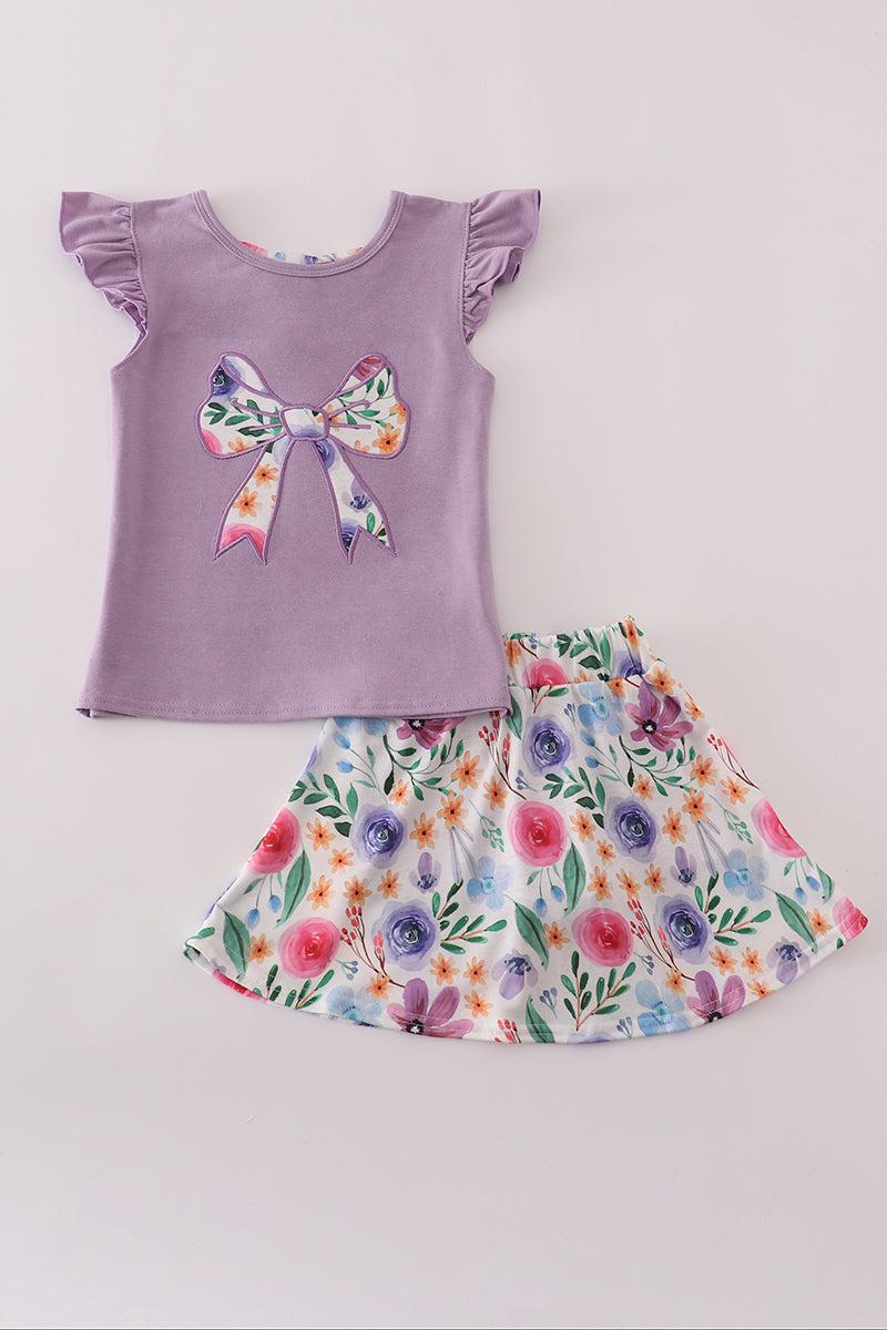 Purple floral bow applique active skorts set Product Image